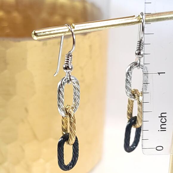 Tri-Color Link Earrings, Silver, Gold & Black Dangle Earrings, Modern Jewelry - Picture 9 of 10